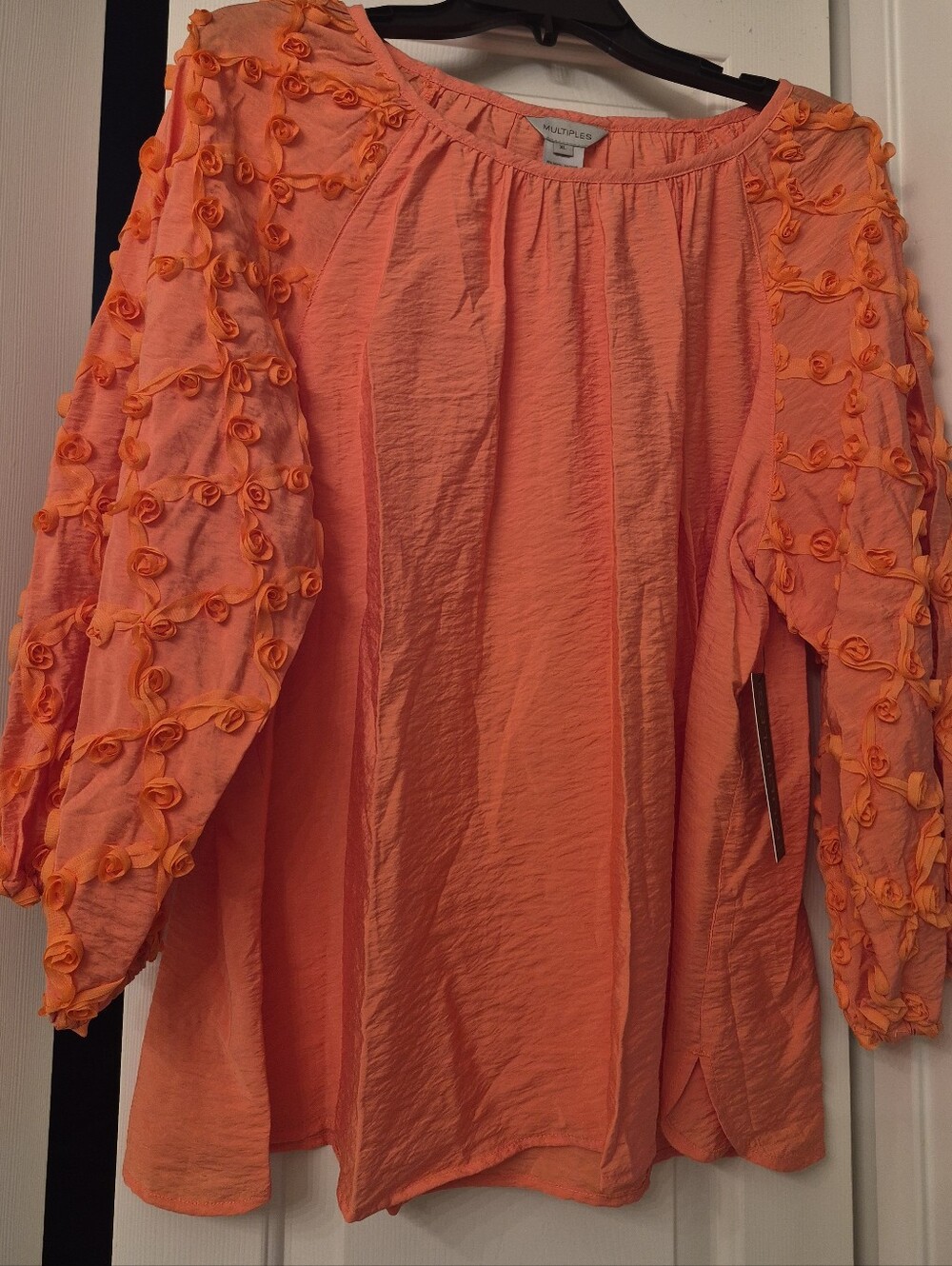 Dillards Multiples Bright Orange Rosette Sleeve Crinkle Peasant Blouse